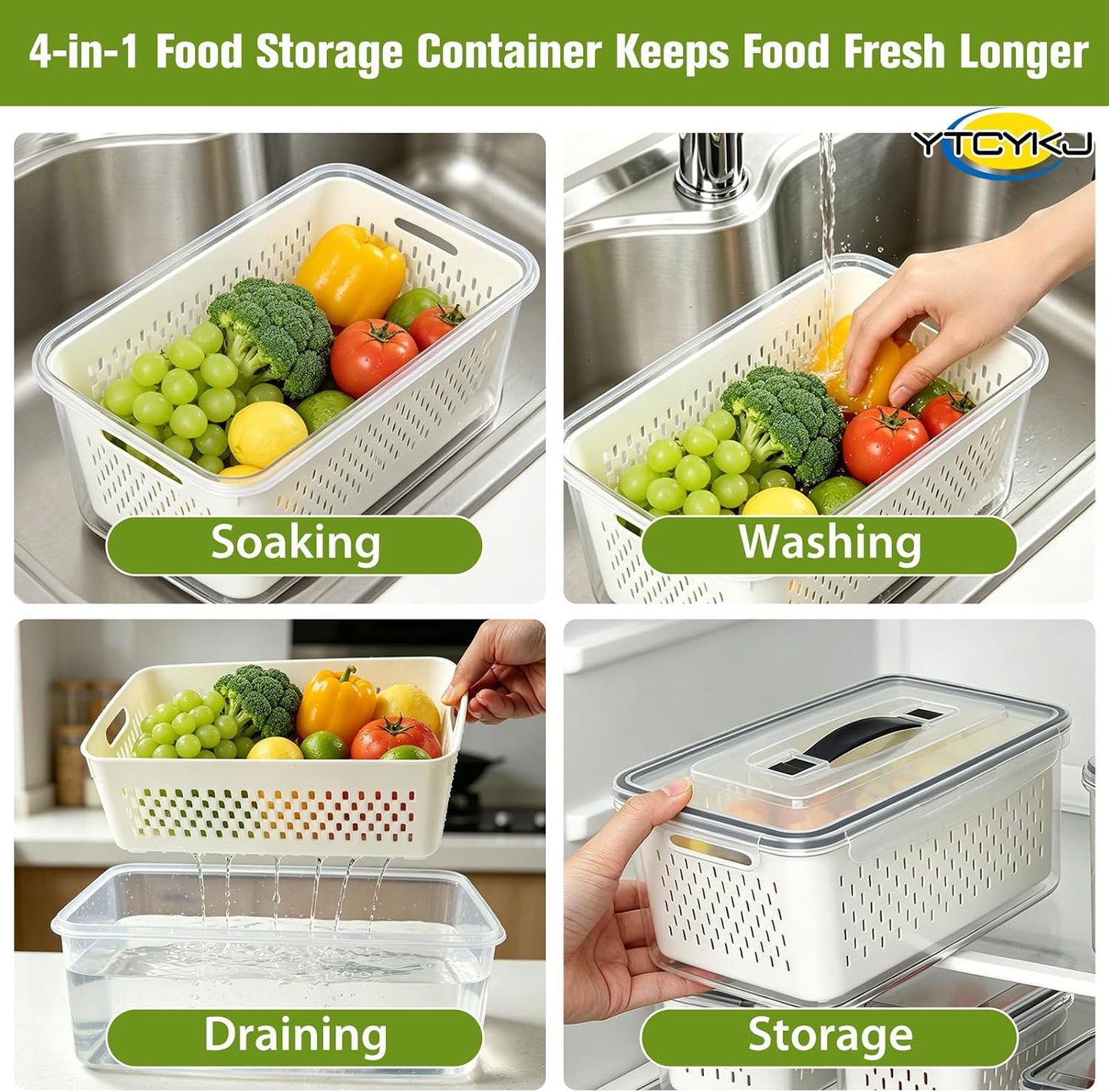 5-Pack Fruit Storage Containers for Fridge with Removable Colanders & Lids | Clear Plastic Produce Storage Containers for Fruits, Veggies, Salad, Berries | Leak-Proof, Microwave Safe