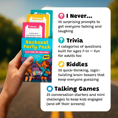 WELL BALANCED Road Trip Games for Kids Travel Essentials, Trivia, Riddles, Car Activities Must Haves for Ages 7+
