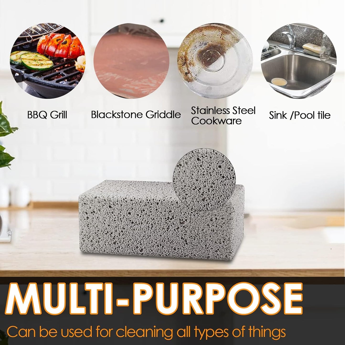 Heavy Duty Griddle Cleaning Brick with Handle- Compatible with Blackstone Flat Top Grills, Commercial Grade Pumice Stone, Easy Grip & Scrape (4 Pack)