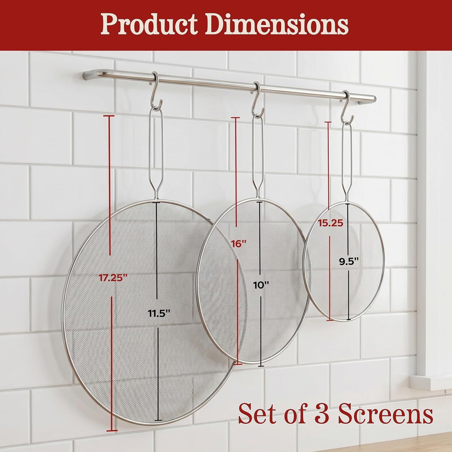 Classic Cuisine Splatter Screen Set, Silver, 3-Piece-Set, 17.25”/16”/15.25” | Fine Mesh Stainless-Steel Grease Splatter Guard for Pots, Pans, and Skillets, Kitchen Gadgets