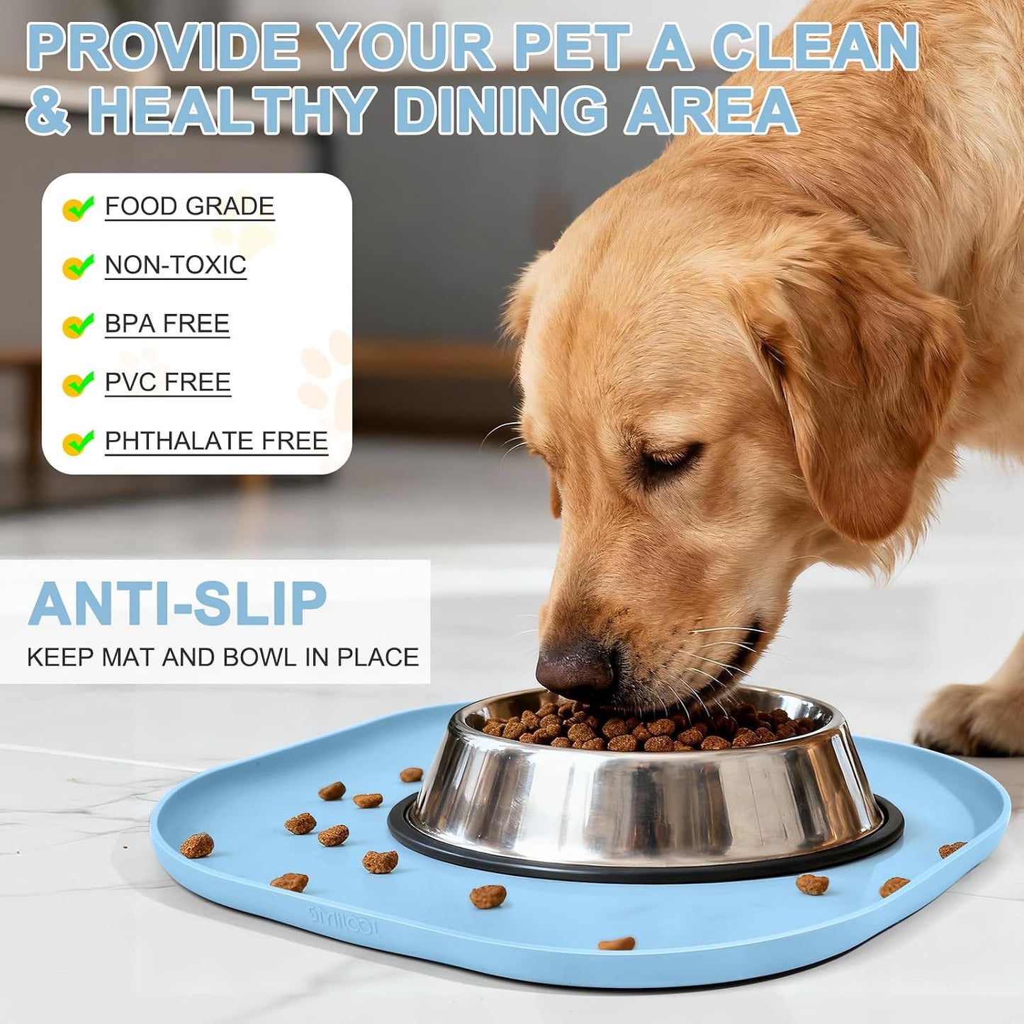 SMILOOL Waterproof Silicone Pet Food Mat with Raised Edge for Dog & Cat | 19" x 12" Non-Slip Pet Feeding Mats with Lip for Food & Water Bowl, Food Grade, Easy Cleaning, Black