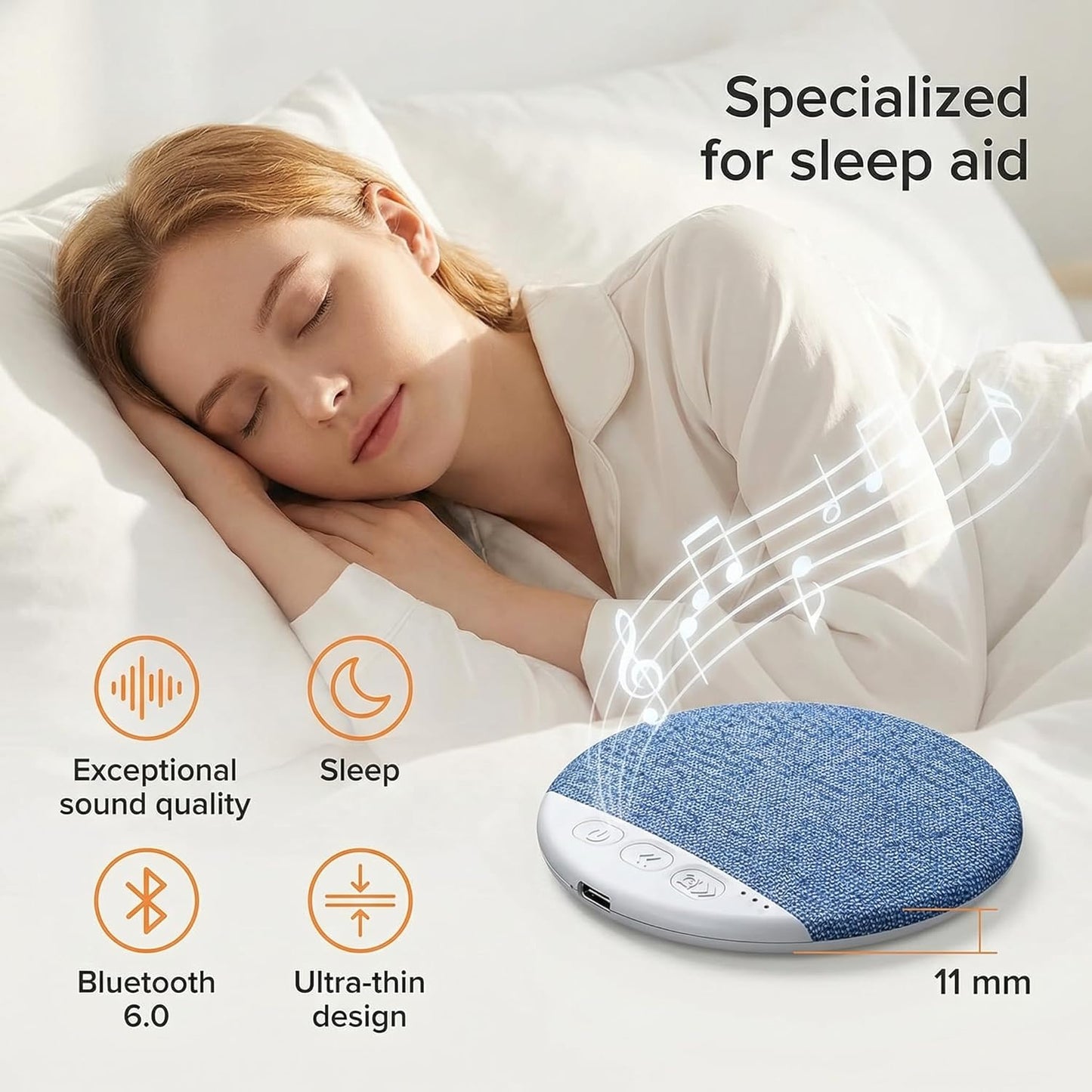 Ultra-Thin Bluetooth Pillow Speaker,Mini Portable Under Pillow Speaker with White Noise Timer Wireless Sleep Aid,Bone Conduction Sound Design for Side Sleepers,Private Stereo Sound for Adult&Kid,Blue