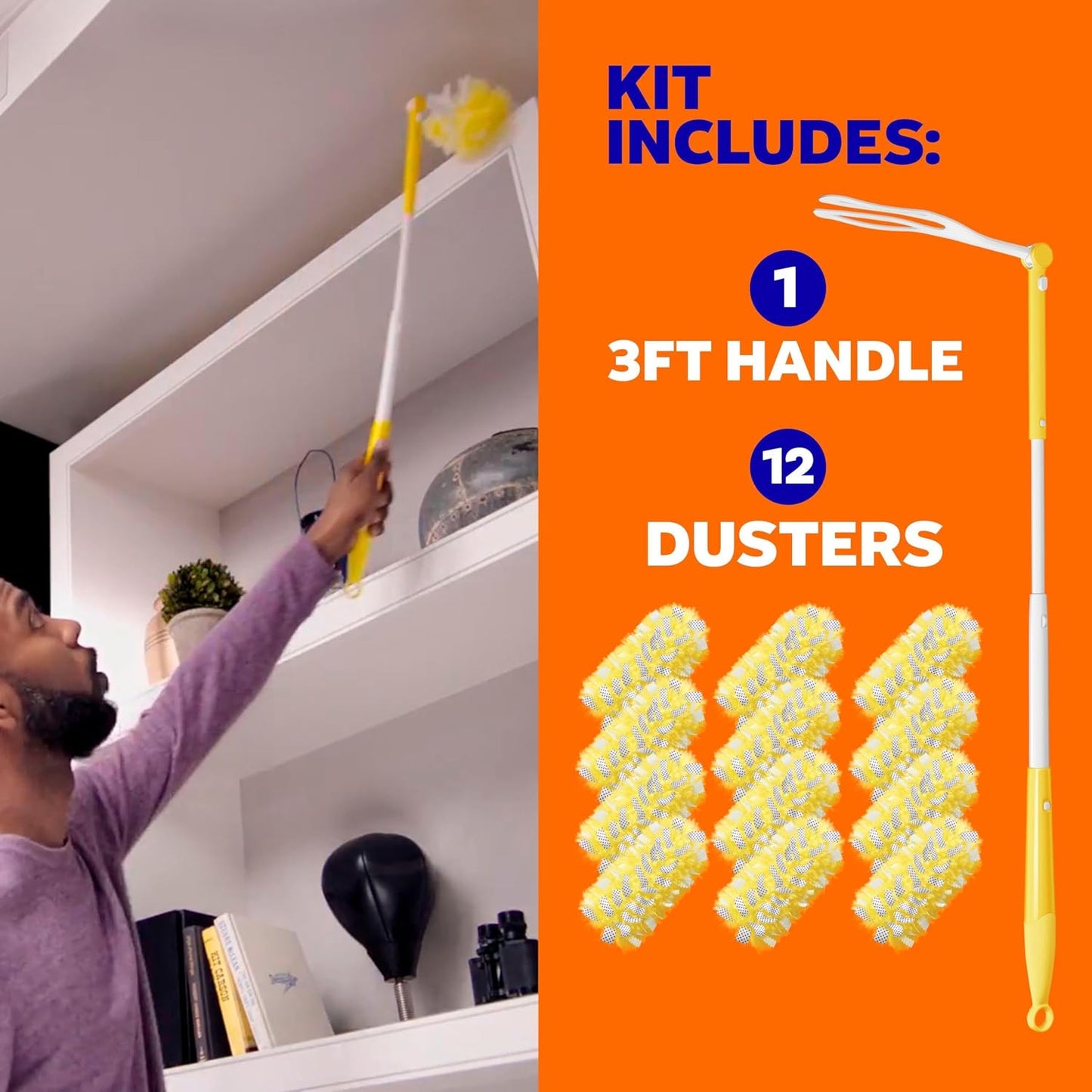 Swiffer Duster Kit with 3 ft Extendable Handle, Dusters for Cleaning, Set Includes 1 Extension Pole and 12 Heavy Duty Dusting Refills Dust Cleaner, Long Extended Wand for Ceiling Fans and Walls