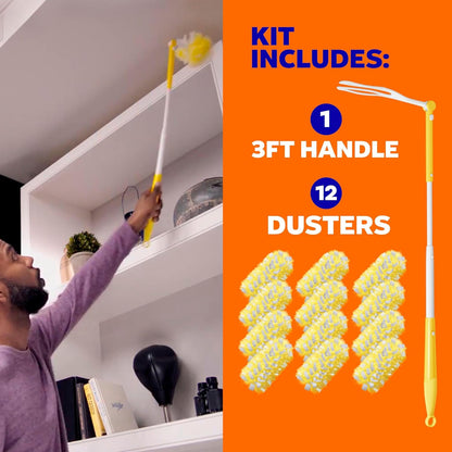 Swiffer Duster Kit with 3 ft Extendable Handle, Dusters for Cleaning, Set Includes 1 Extension Pole and 12 Heavy Duty Dusting Refills Dust Cleaner, Long Extended Wand for Ceiling Fans and Walls