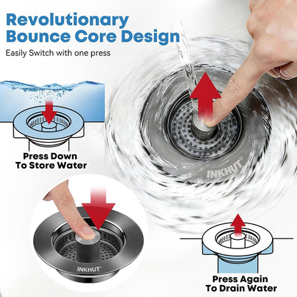 Upgraded 3 in 1 Kitchen Sink Drain Strainer | Stainless Steel Sink Stopper, Anti-Clogging Food Catcher Basket, Bounce Core Drain Strainer Plug for 3 1/2 inch Drain