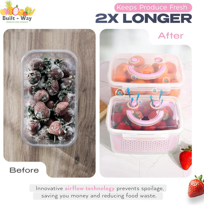 Fruit Storage Containers for Fridge - Set of 4 - Airtight Lid Keeps Fresh - For Fruit & Vegetable Storage - Space-Saving Design - Ideal for Produce, Berries, Snacks - Pink
