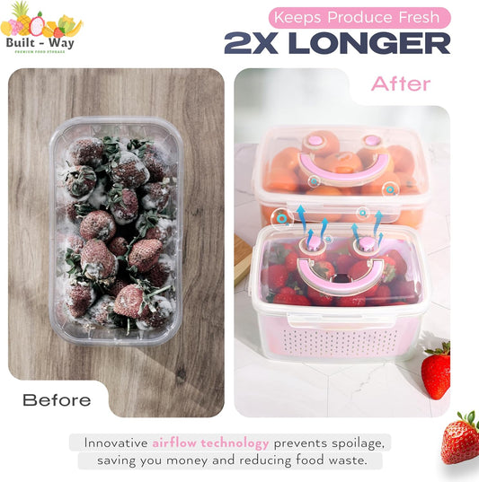 Fruit Storage Containers for Fridge - Set of 4 - Airtight Lid Keeps Fresh - For Fruit & Vegetable Storage - Space-Saving Design - Ideal for Produce, Berries, Snacks - Pink
