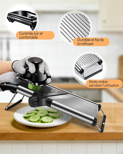 MASTERTOP Mandoline Slicer, 5 in 1 Mandoline Food Slicer, Dishwasher Safe | Stainless Steel Mandoline Slicer, Adjustable Vegetable Slicer for Fruit, Cheese, Send Cut Proof Gloves & Cleaning Brush