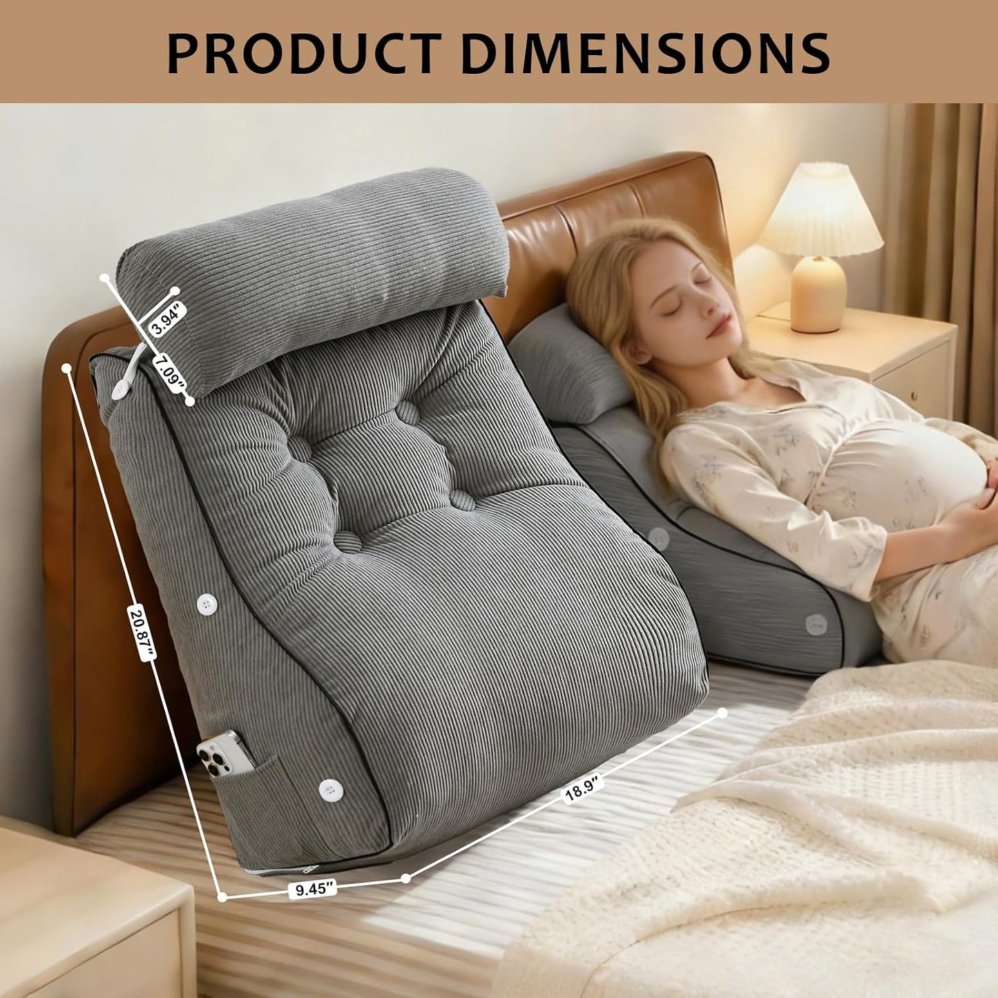 Wedge Pillow – Reading & Bed Rest Pillow for Sitting in Bed, Couch, or Floor, Multi-Purpose Headboard Wedge for Sleeping, After Surgery, Leg & Back Support, Neck Cushion & Washable Cover, Dark Gray