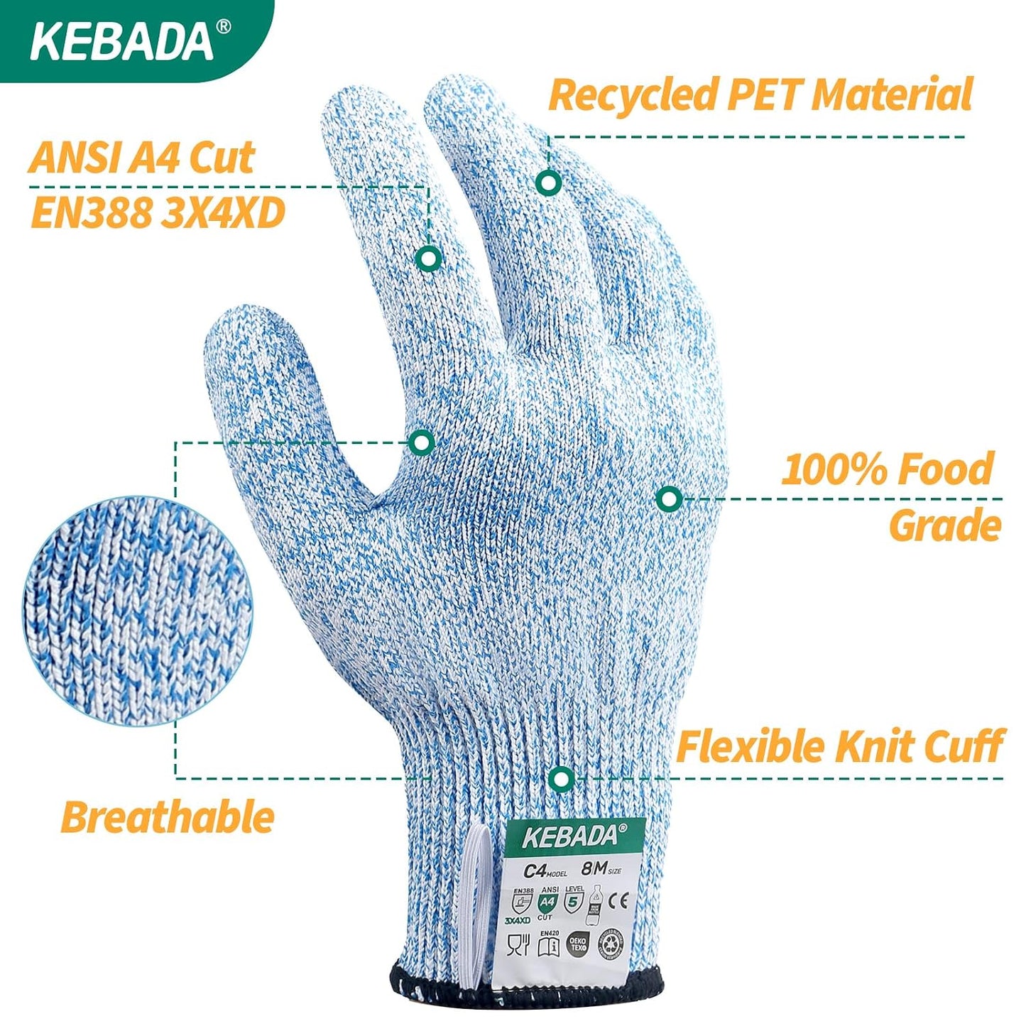C4 Cut Resistant Gloves, ANSI A4, 100% Food Grade, 1 Pair, Medium | Food grade cutting gloves, glass-free & steel-free, breathable, washable. Ideal for meat cutting, slicing and oyster shucking