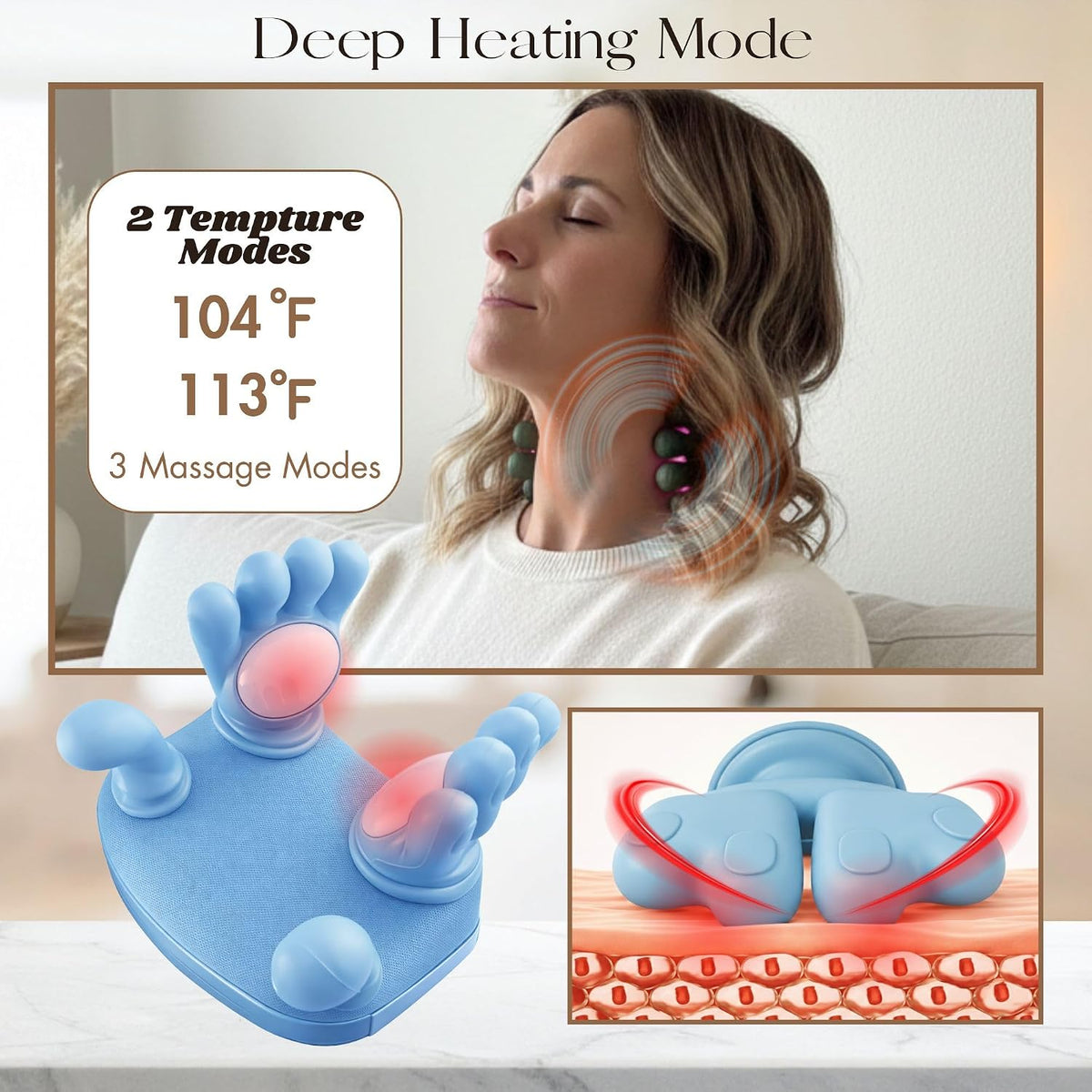 LIVINGPRO Neck & Shoulder Massager with Heat, Deep Tissue Shiatsu with Bionic Palm 4D Kneading, Simulated Human Hand Massage, 3 Adjustable Intensities, Portable Pain Relief for Home & Office