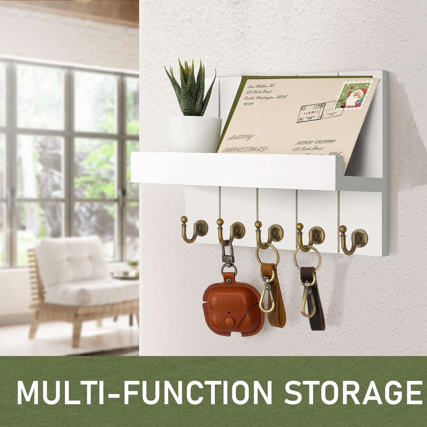 Rebee Vision Key Holder Wall Mount with 5 Key Hooks for Home Decor, Brown | 3.54'' x 10'' x 7.28'', Small Shelf for Display Plant, Key Hangers for Hat, Entryway Space-Saving Storage