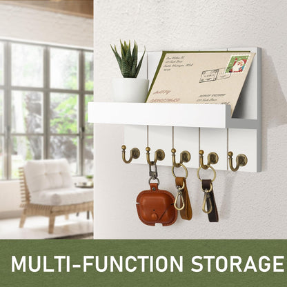 Rebee Vision Key Holder Wall Mount with 5 Key Hooks for Home Decor, Brown | 3.54'' x 10'' x 7.28'', Small Shelf for Display Plant, Key Hangers for Hat, Entryway Space-Saving Storage