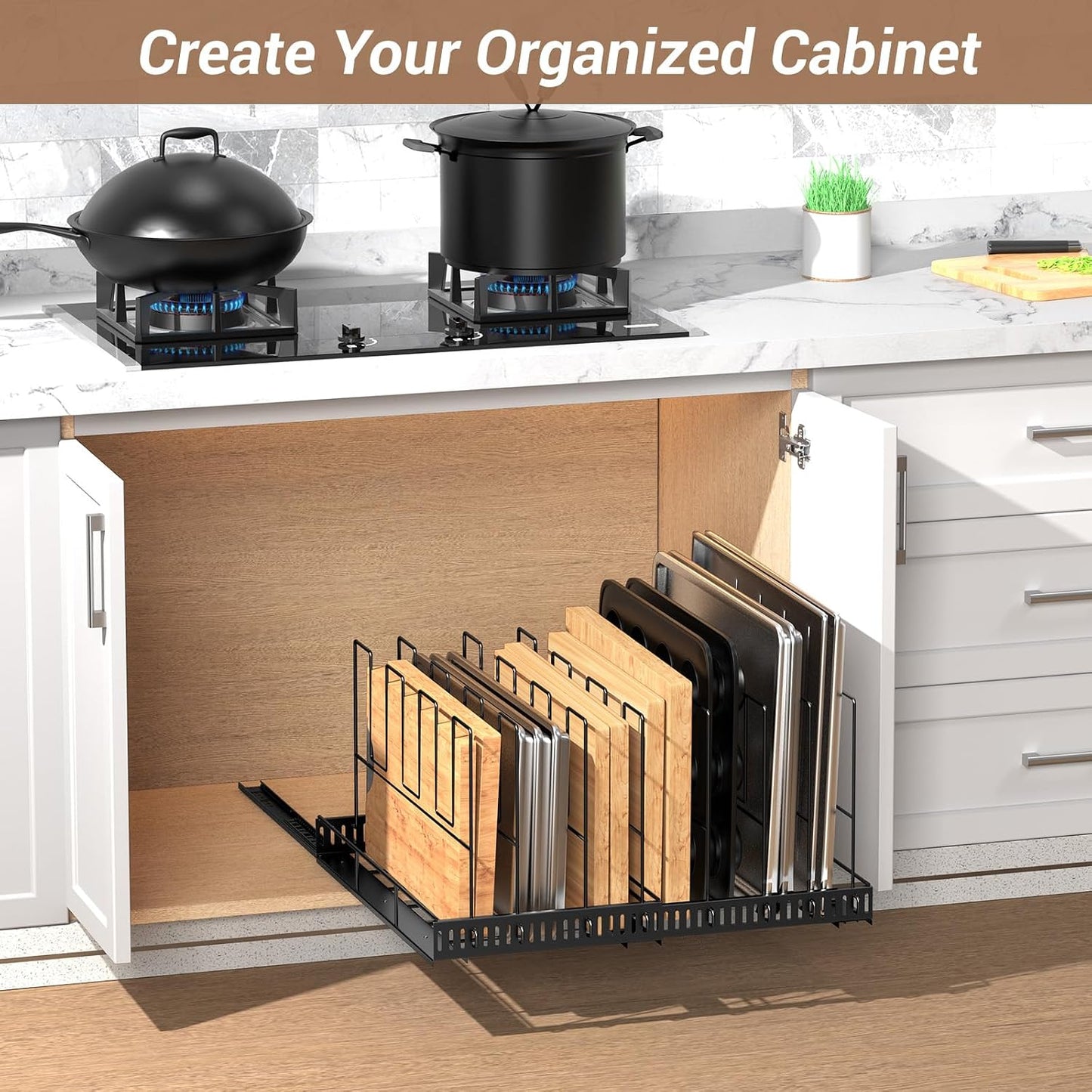 Housolution Pull Out Baking Tray and Cookie Sheet Cutting Board Organizer | 13"-22" Expandable, 21.5" Deep, 8 Adjustable Dividers, Sliding Rail Design, Sturdy Metal Structure, Adhesive/Screw Fixing