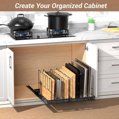 Housolution Pull Out Baking Tray and Cookie Sheet Cutting Board Organizer | 13"-22" Expandable, 21.5" Deep, 8 Adjustable Dividers, Sliding Rail Design, Sturdy Metal Structure, Adhesive/Screw Fixing