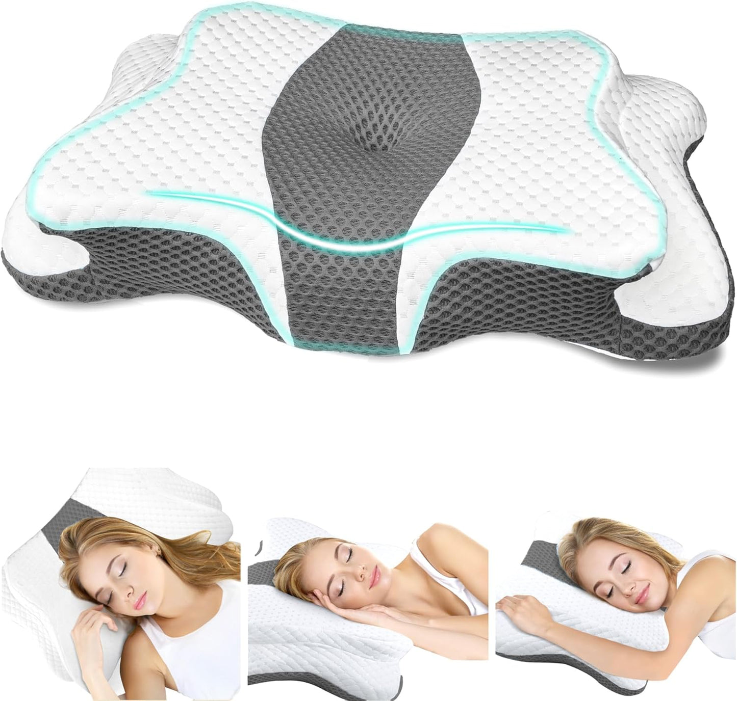 CHxxy Memory Foam Pillows, Cervical Pillow for Neck & Shoulder Pain Relief | Ergonomic Contour Bed Pillow, Soft for Side Sleep Stomach Sleeping and Back Sleeper-Queen Size&Grey