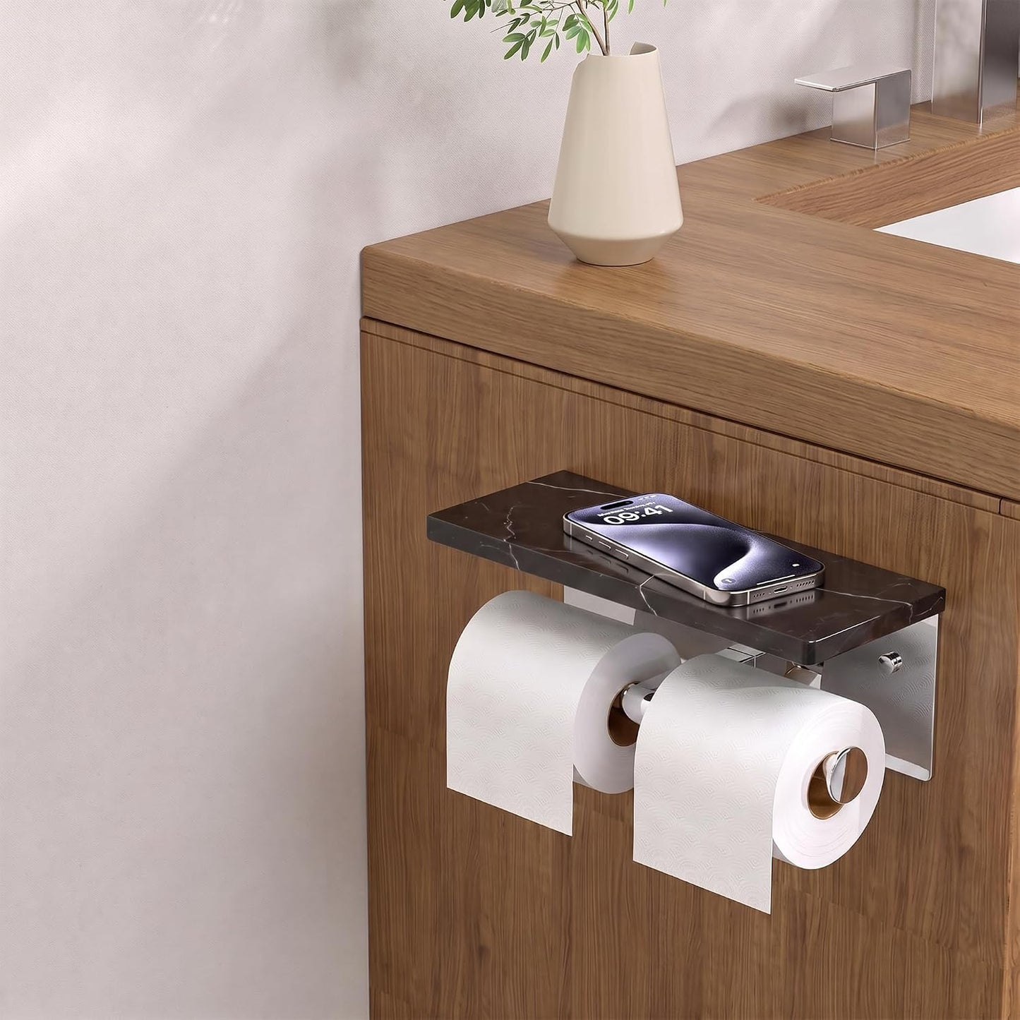 FORIOUS Toilet Paper Holder with Shelf, Commercial Toilet Paper Dispensers | Brushed Nickel | Wall Mount Bathroom Tissue Holder | SUS304 Stainless Steel Rustproof | Double Tissue Roll Holder