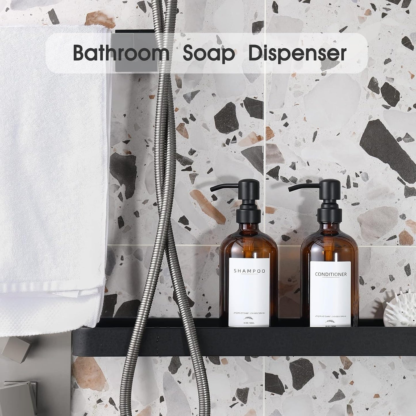 Supforce Shampoo Dispenser for Shower, No Drill Dispenser with Pump & Label | Shampoo and Conditioner Dispenser Wall Mount Set of 3, Pet Bottle Shower Soap Dispenser for Home Bathroom, Amber