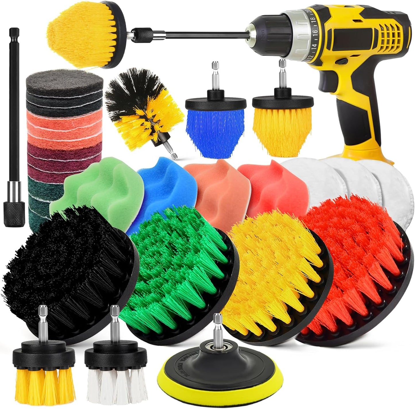 30Pcs Drill Brush Attachment Set,Drill Scrubber Brush Kit Include Scrub Pads, Sponge, Extend Attachment, Drill Cleaning Brush Attachment Set for Bathroom, Tub, Tile, Corner, Floor, Grout, Boat
