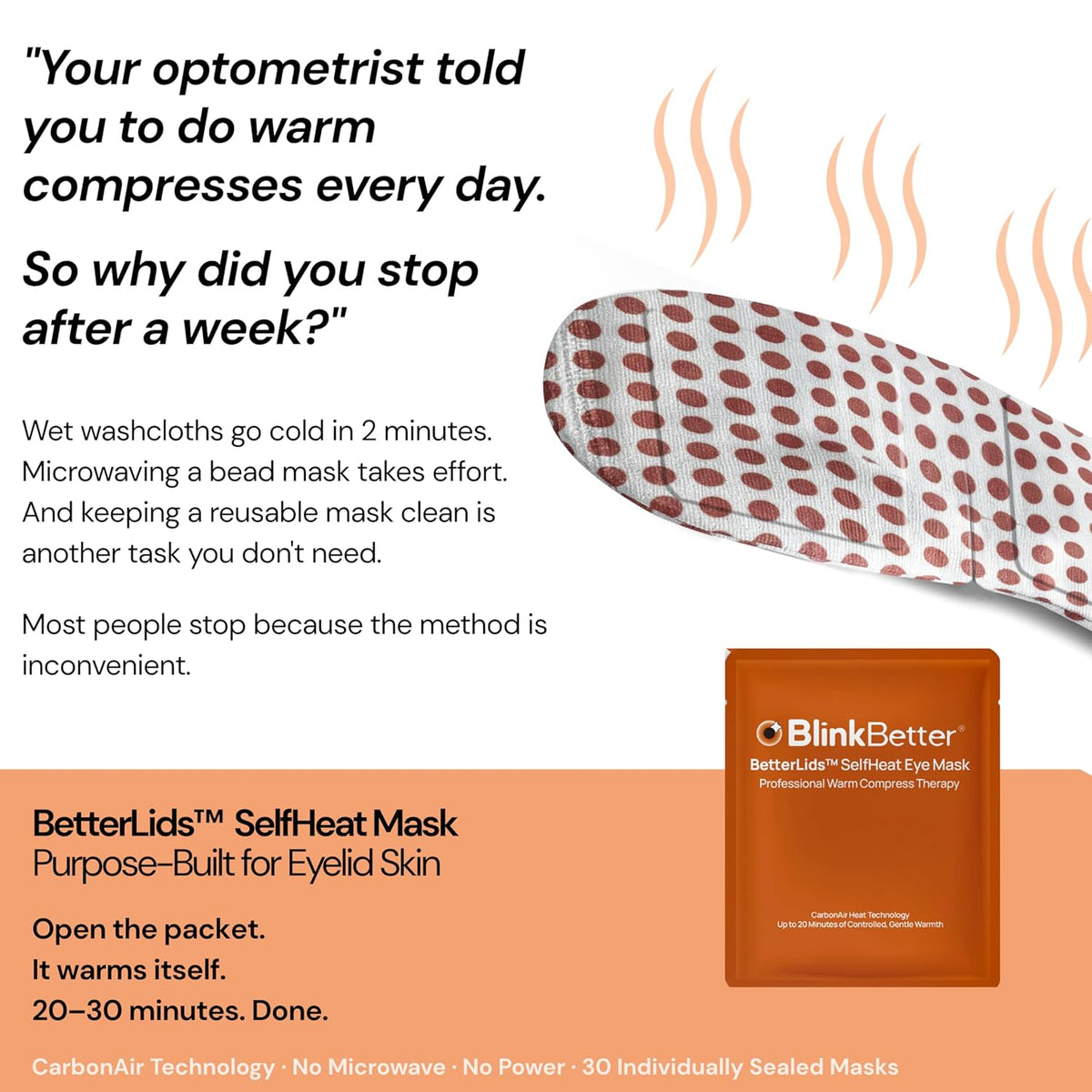 BlinkBetter BetterLids Self-Heating Eye Mask (30 Pack) | Warm Compress Therapy for Dry Eyes, Eyelid Hygiene & Blepharitis Care | Air-Activated Gentle Heat for MGD, Tired Eyes & Daily Lid Support