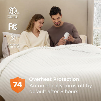 Bedsure Heated Blanket Electric Throw - Thick Striped Fast Heating Electric Blanket with Preheat Function, 6 Heat & 6 Timer (Up to 10H), 8H Auto Off, ETL Certified, Gifts for Women (50"x60", White)