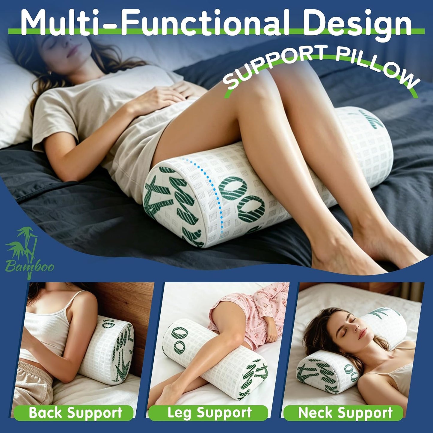 Asatdd Semi Roll Under Knee Pillow, Half Moon Bolster for Lower Back Support, Leg, Knee,Back Sleeping, 7.8”x 20.4”x 4.8”