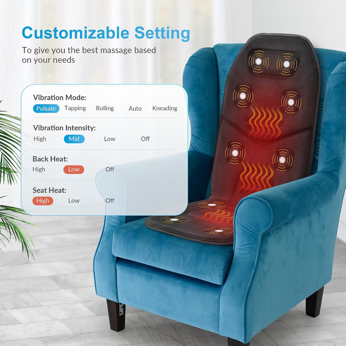 COMFIER Vibration Back Massager with Heat, 10-Motor Massage Seat Cushion for Chair, Graphene Heated Massage Chair Pad for Back, Lumbar & Thighs, 5 Modes, 3 Intensities, Home Office Recliner Gift