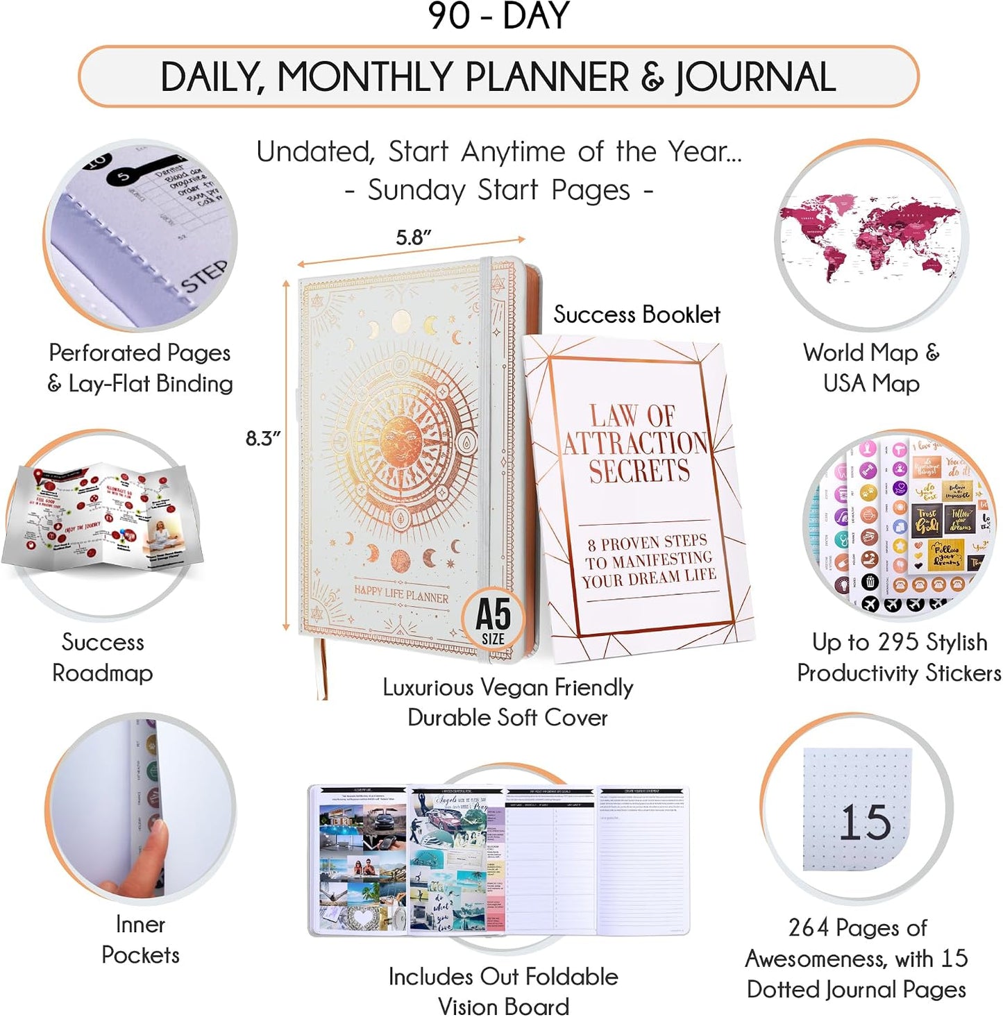 Freedom Mastery Daily Journal of Gratitude, Productivity & Habit Tracker | Undated 90-Day Planner with Daily Reflection, Mindfulness, Positivity, Vision Board & Stickers, Gratitude Journal for Women