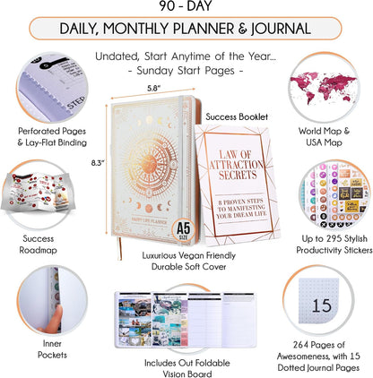 Freedom Mastery Daily Journal of Gratitude, Productivity & Habit Tracker | Undated 90-Day Planner with Daily Reflection, Mindfulness, Positivity, Vision Board & Stickers, Gratitude Journal for Women