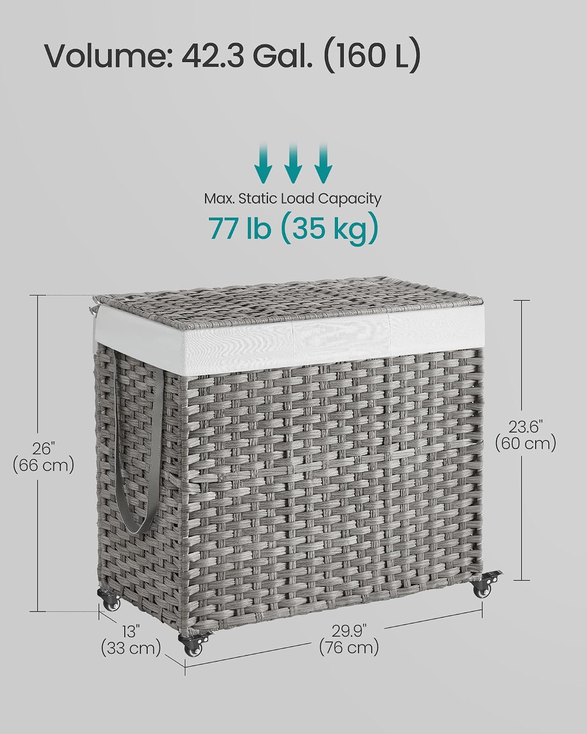 SONGMICS Laundry Hamper with Lid, 42.3 Gallons (160 L), Rolling Laundry Basket with Wheels, 3-Section Synthetic Rattan, Removable Liner, Bedroom, 29.9 x 13 x 26 Inches, Natural ULCB365N01