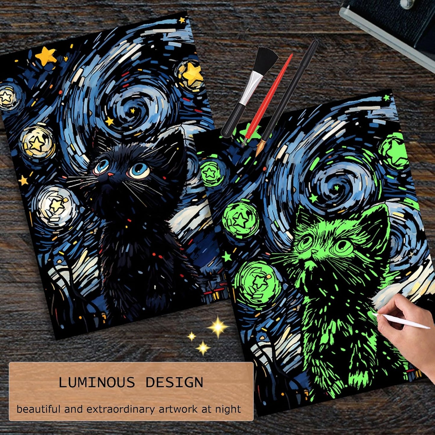 Luminous Scratch Paper Art Kit for Adults, 16x11.2in (Black Cat&Dog) | Rainbow Paper Art Scratch Kit, Mindful Meditation Craft for Adults, Stress Relief Activity, Screen Free&Creative Home Decor