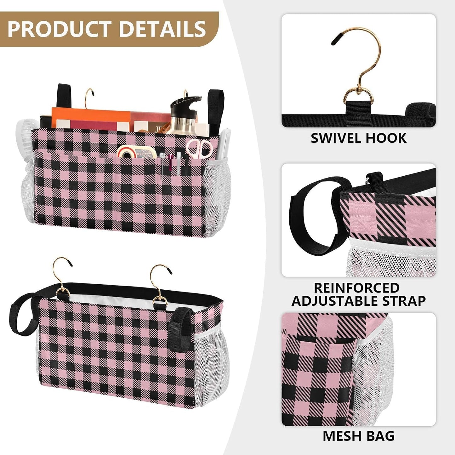 Black Bedside Caddy Storage Bag Bedside Organizer for Bed Rails College Dorm Room Organizer Caddy Hanging Shelf 6 Pockets with Hooks for Drinks Magazine Phone Holder