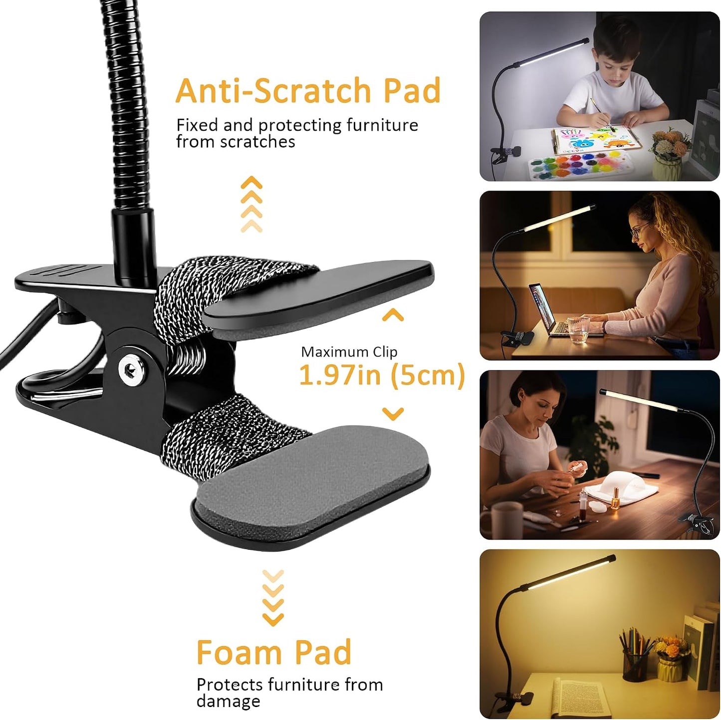 Clip on Desk Lamp with Clamp,Dimmable Eye Caring Book Reading Light for Bed | 54 LED 3 Color 10 Brightness, Push Button,USB Powered with Adapter, Flexible Gooseneck Clamp Lamp for Computer Workbench Nail