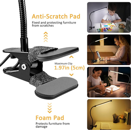 Clip on Desk Lamp with Clamp,Dimmable Eye Caring Book Reading Light for Bed | 54 LED 3 Color 10 Brightness, Push Button,USB Powered with Adapter, Flexible Gooseneck Clamp Lamp for Computer Workbench Nail