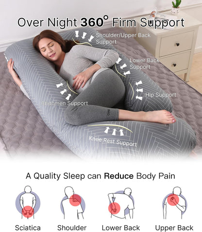 ALLOPERA Pregnancy Pillows for Sleeping, 57-Inch U-Shaped Full Body Maternity Pillow with Adjustable Fill and Removable Washable Cover, Back, Belly, Hip and Leg Support for Pregnant Women, Black Grey