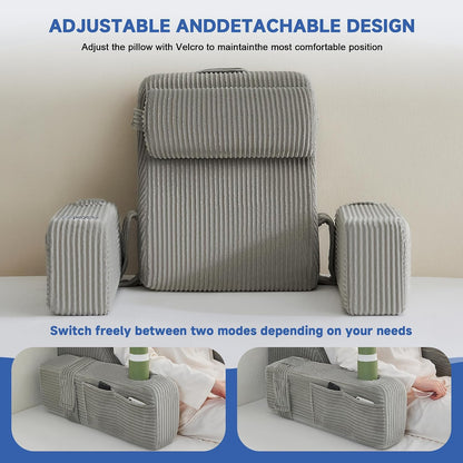 Reading Pillow for Sitting in Bed Adult, Back Pillow for Bed Sitting up with Arms, Pockets and Cup holder, Sit Up Backrest Pillows for Beds Chair Support, Rest Pillow for Gaming (Light gray)