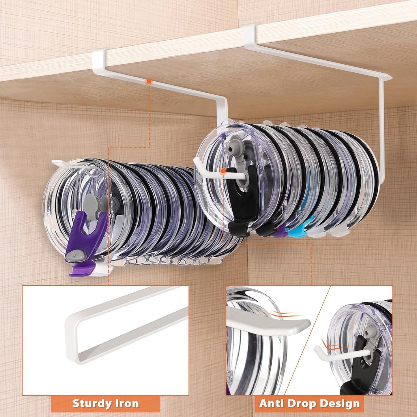 Tumbler Lid Organizer, Versatile Tumbler Lid Storage Holds 10 Lids, Black | Space Saving Cup Lid Organizers Inside Cabinet Tumbler Lid Hook for Kitchen Organizer and Storage, Paper Towel Rack Hanger