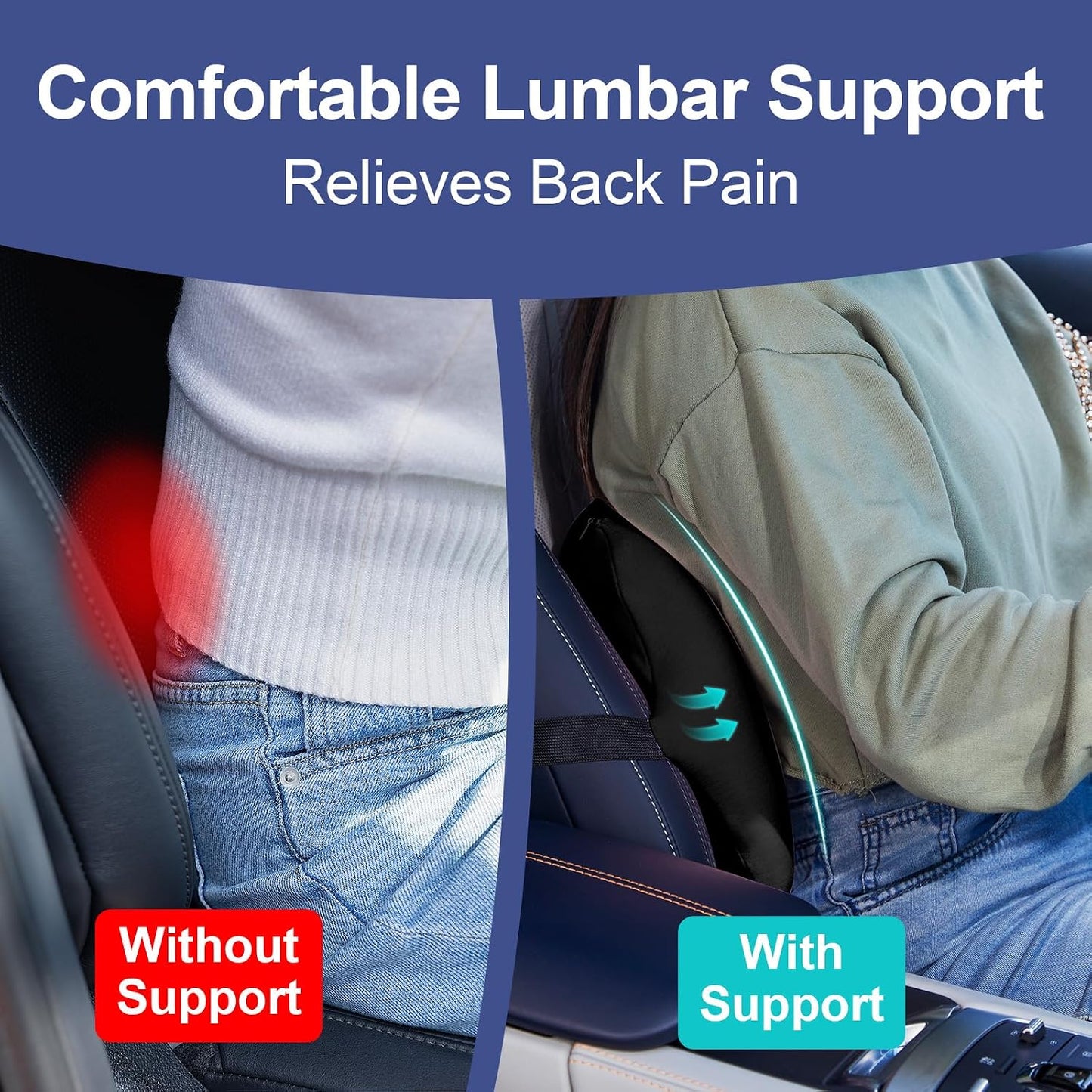 BYMECOST Lumbar Support Pillow for Car, Memory Foam Car Back Cushion | Car Seat Back Pillow for Driving, Adjustable Strap, Ergonomic Lower Back Support Pillow, Office Chairs and Wheelchairs