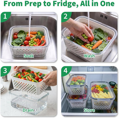 Vegetable Containers for Fridge, Stay Fresh Fruit Vegetable Storage Containers with Lid and Removable Colander, Stackable Vegetable Storage for Berry Salad Lettuce Vegetables Meat Various Food, 3PCS