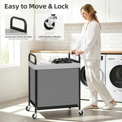 STORAGE MANIAC Rolling Laundry Hamper with Wheels 2-Section Laundry Sorter Rolling Laundrys Basket on Wheels with Removable Bag Clothes Hamper Laundrys Organizer Cart Bathroom Bedroom 100L Beige