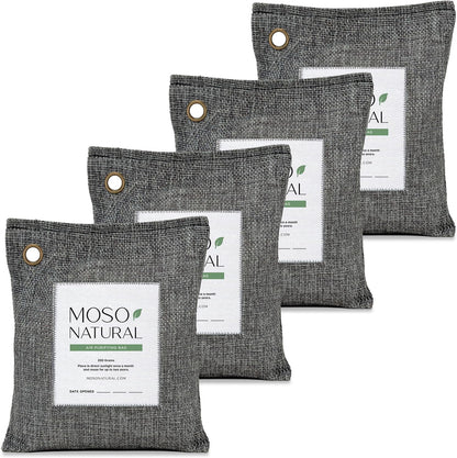 Moso Natural Air Purifying Bag 200g (4 Pack) Premium Charcoal Odor Absorber, Car Odor Eliminator & Closet Deodorizer for Home & Pet, Lasts 2 Years, Unscented Bamboo Charcoal Bags, HGTV Editors' Pick