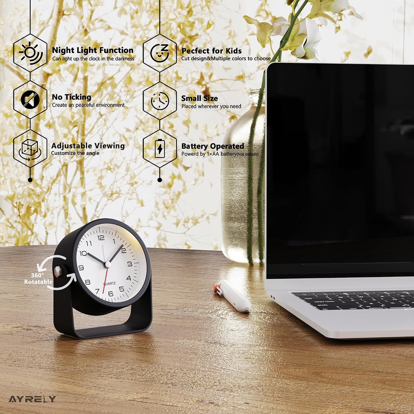 AYRELY® 3.5" Small Analog Travel Alarm Clock, Battery Operated Desk Clock | Cute Table Clock with Light, Adjustable Angle, Bedside, Bedrooms, Kids' Rooms and Living Room Decor (Orange)