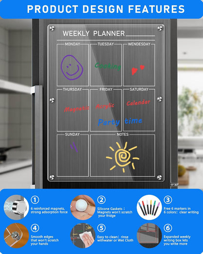 Weekly Acrylic Magnetic Calendar Dry Erase Board for Fridge, 12x16 in | Clear Weekly Planner Whiteboard for Refrigerator, Durable Material, Powerful Magnets, Smooth Writing and Easy Cleaning