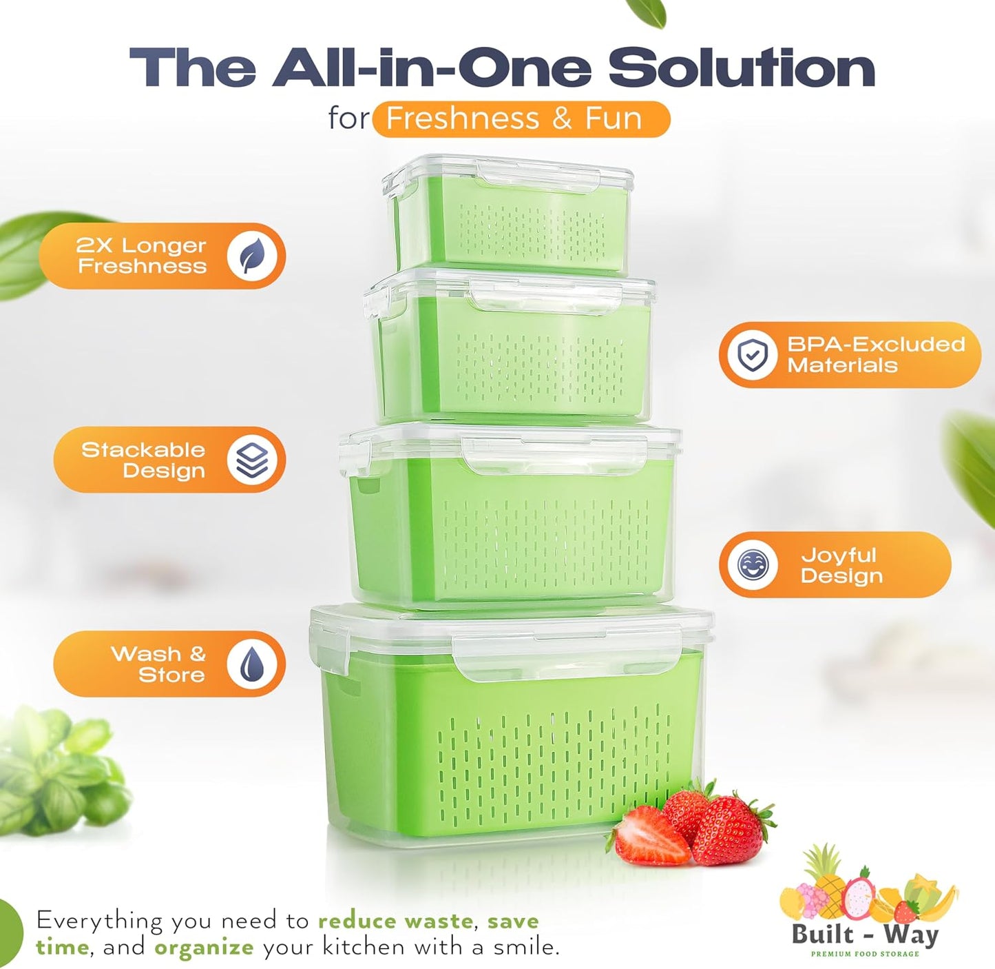 Fruit Storage Containers for Fridge - Set of 4 - Airtight Lid Keeps Fresh - For Fruit & Vegetable Storage - Space-Saving Design - Ideal for Produce, Berries, Snacks - Pink