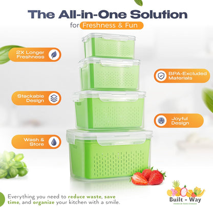 Fruit Storage Containers for Fridge - Set of 4 - Airtight Lid Keeps Fresh - For Fruit & Vegetable Storage - Space-Saving Design - Ideal for Produce, Berries, Snacks - Pink