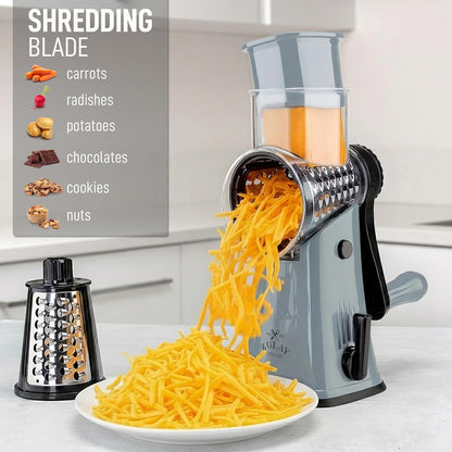 Zulay Kitchen Rotary Cheese Grater 5 Blade Cheese Shredder - Manual Hand Crank Cheese Grater With Reinforced Suction & 5 Interchangeable Drums - Easy to Use, Vegetable Chopper Round Mandoline Slicer - Colors A