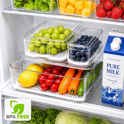 SMRCAD 6 Pack Clear Fridge Organizer Bins with Drain Trays - Stackable | BPA-Free PET, 6 Pack: 6 lidded Bins (Not drawer), Helps Keep Produce Fresh, 14L Capacity, Hand Wash Only