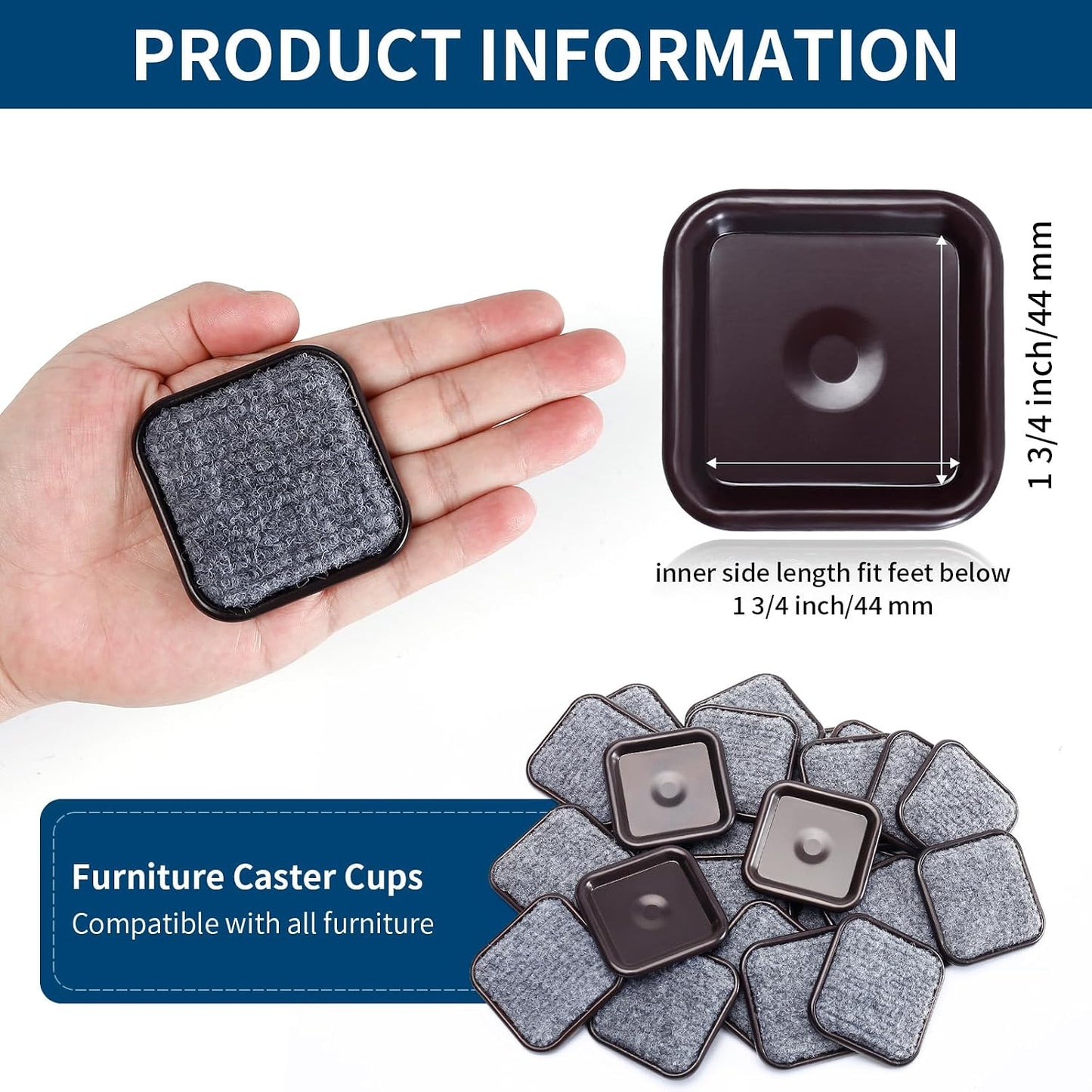 Ezprotekt 1.63" Round Carpet Bottom Furniture Caster Cups, 16 Pcs Reusable Furniture Coasters, Felt Furniture Sliders Pads to Protect Hardwood, Tile or Carpetd Floors from Scratches (Dark Brown)
