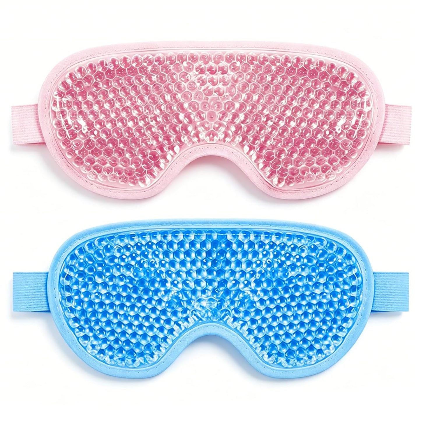 Gel Eye Mask, 2 Pack Cooling Eye Mask for Puffiness & Dark Circles, Hot/Cold Reusable Ice Packs with Flexible Beads, Full Coverage Compress Sleeping Mask with Adjustable Soft Plush Strap for Women Men