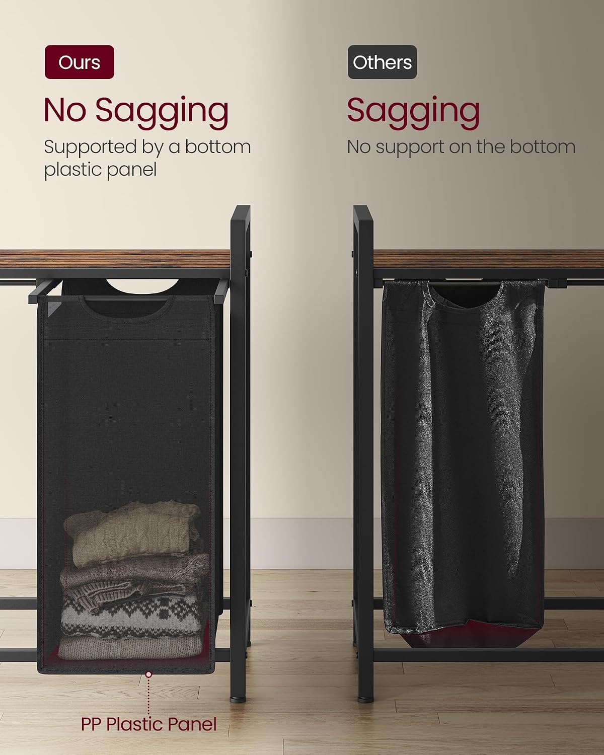 VASAGLE Laundry Hamper, Laundry Basket Sorter with 3 Pull-Out and Removable Bags, Shelf, Metal Frame, 3 x 10.6 Gallons (40 L), 36.4 x 13 x 28.4 Inches, Cappuccino Beige and Natural Beige UBLH301LH01